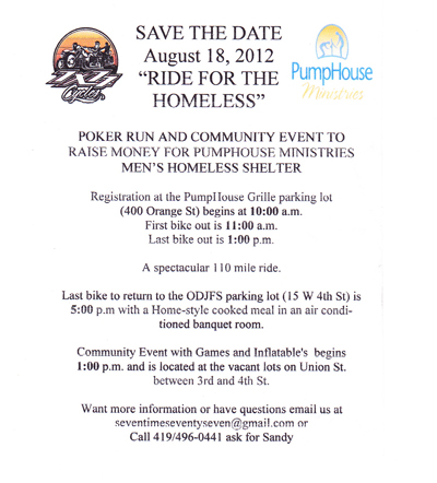 "Ride for the Homeless" Poker Run, August 18th 2012